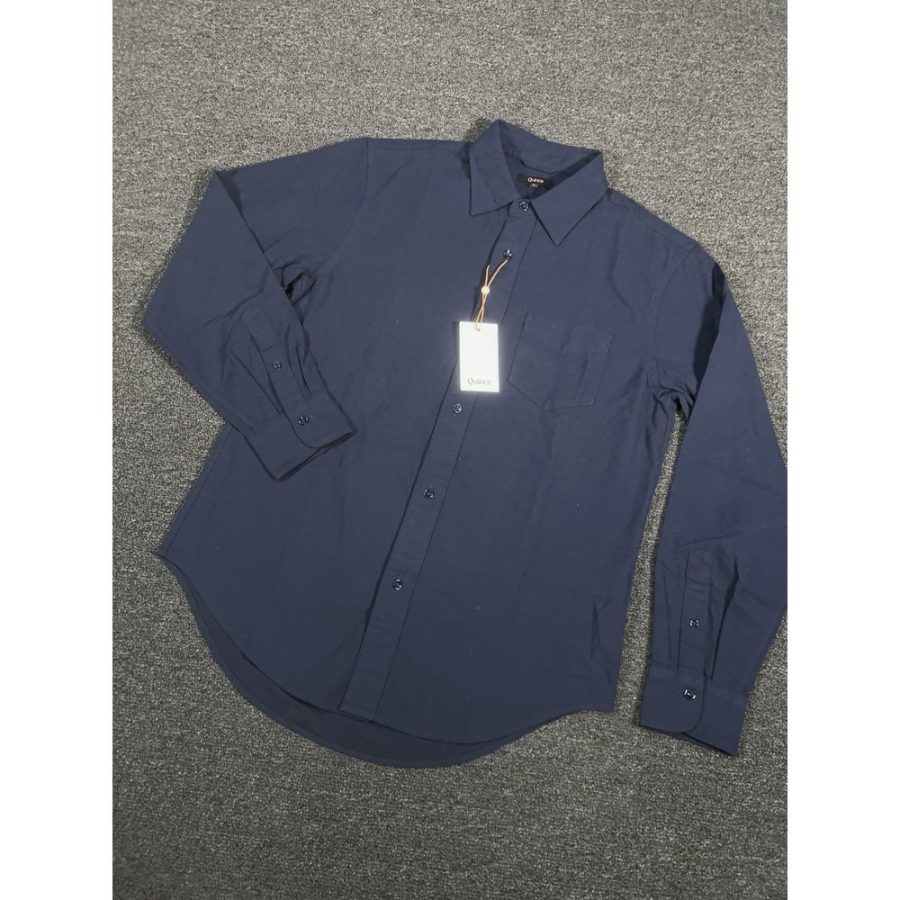 New Quince Textured Twill Shirt Men Medium Blue Organic Cotton Stretch Button